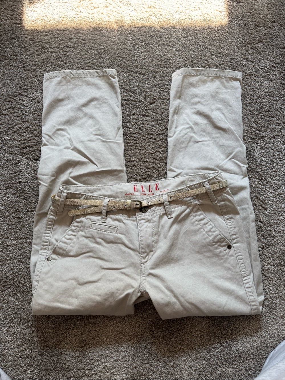 Elle Beige Casual Pants with Red Logo Detail